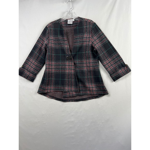 Parsley & Sage Sweaters - Parsley & Sage Plaid Cardigan Jacket Women S Asymmetrical Black Green 3/4 Sleeve